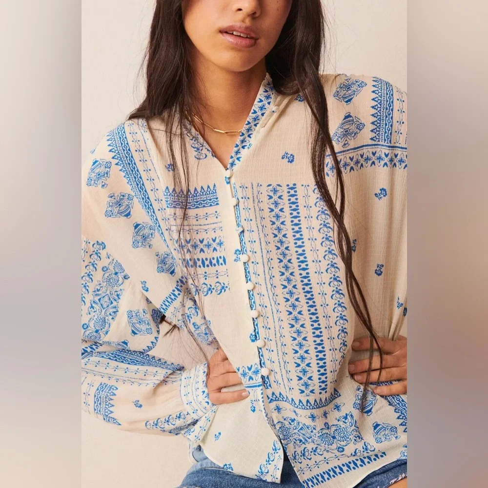 ba&sh Cream Blouse with Blue Floral Print - Picture 3 of 16